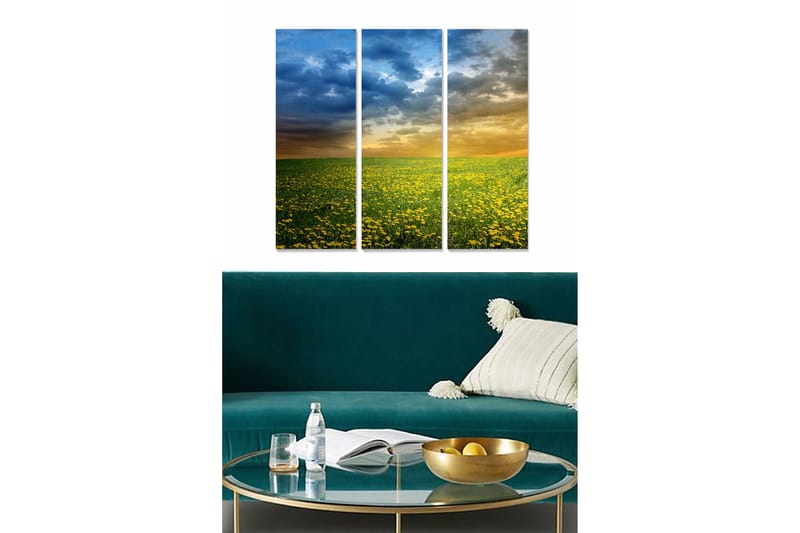 Canvastavla i trä 3-delar 50x70 cm - Blomstrande fält med gula maskrosor under en dramatisk himmel - Gult / Blått / Grönt - Inredning - Tavlor & konst - Canvastavlor