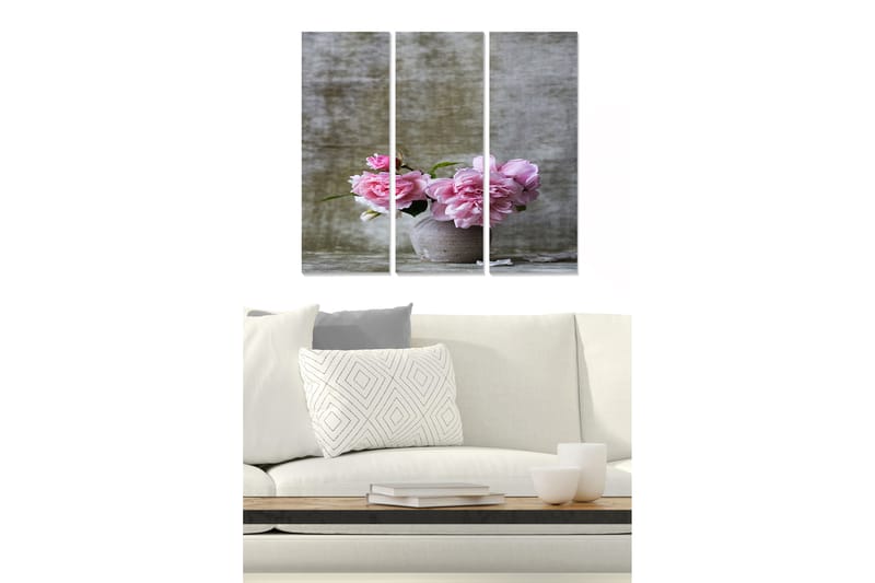 Canvastavla i trä 3-delar 50x70 cm - Bukett av rosa blommor i en keramisk kruka - Rosa / Grå / Grön - Inredning - Tavlor & konst - Canvastavlor