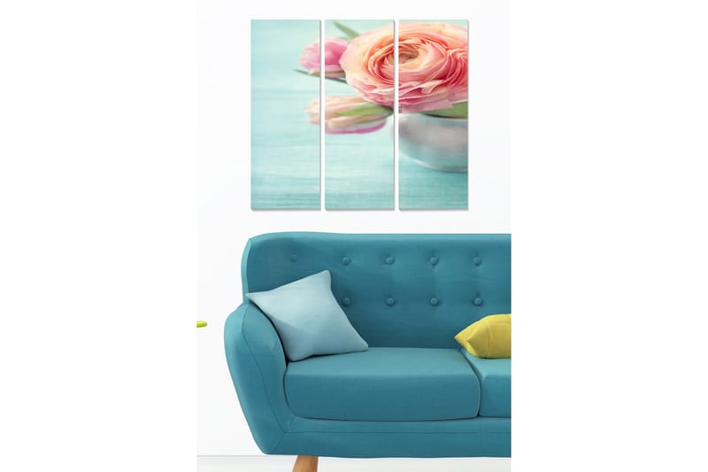 Canvastavla i trä 3-delar 50x70 cm - Bukett av rosa blommor i en silverfärgad vas - Rosa / Grön / Silver - Inredning - Tavlor & konst - Canvastavlor