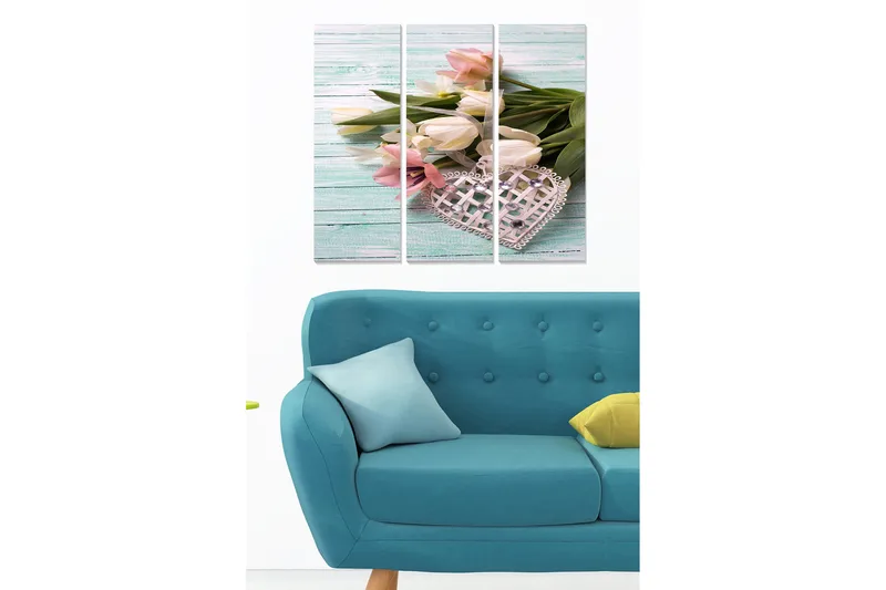 Canvastavla i trä 3-delar 50x70 cm - Bukett av tulpaner i pastellfärger med ett dekorativt hjärta, Rosa / Vit / Grön