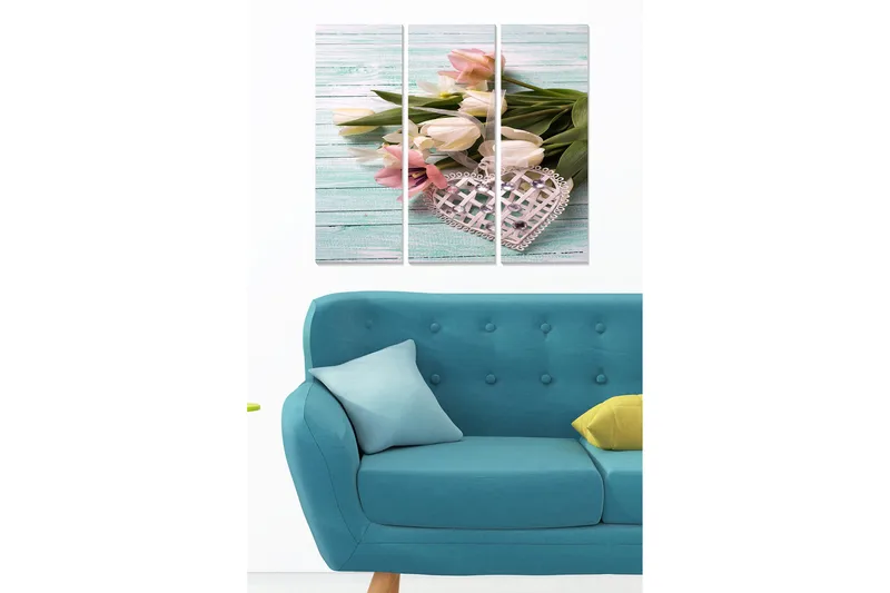 Canvastavla i trä 3-delar 50x70 cm - Bukett av tulpaner i pastellfärger med ett dekorativt hjärta, Rosa / Vit / Grön