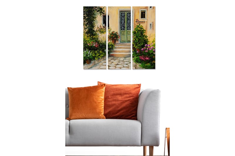 Canvastavla i trä 3-delar 50x70 cm - Charmig entré med blomstrande trädgård - Grön / Rosa / Gul - Inredning - Tavlor & konst - Canvastavlor