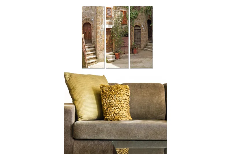 Canvastavla i trä 3-delar 50x70 cm - Charmig gränd med gamla dörrar och trappor - Beige / Brun / Grön - Inredning - Tavlor & konst - Canvastavlor