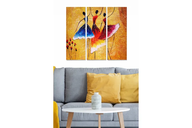 Canvastavla i trä 3-delar 50x70 cm - Dansande kvinnor i färgglada klänningar, Blå / Röd / Gul