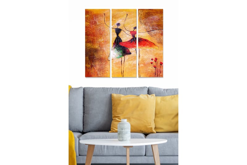 Canvastavla i trä 3-delar 50x70 cm - Dansande kvinnor i färgglada klänningar, Orange / Röd / Svart