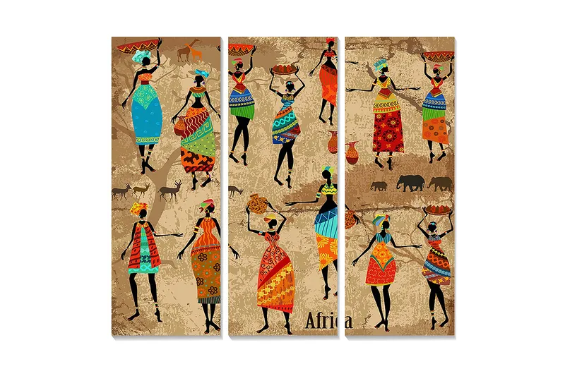 Canvastavla i trä 3-delar 50x70 cm - Dansande kvinnor med färgglada kläder och traditionella mönster, Blå / Röd / Grön