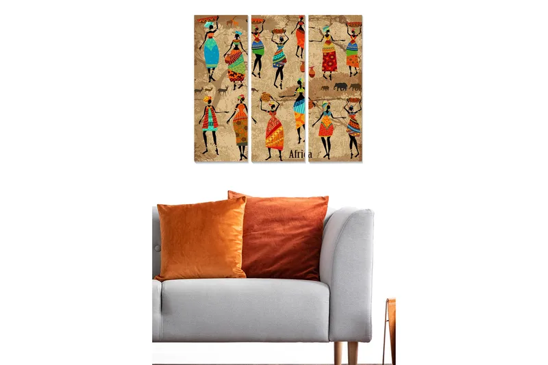 Canvastavla i trä 3-delar 50x70 cm - Dansande kvinnor med färgglada kläder och traditionella mönster - Blå / Röd / Grön - Inredning - Tavlor & konst - Canvastavlor