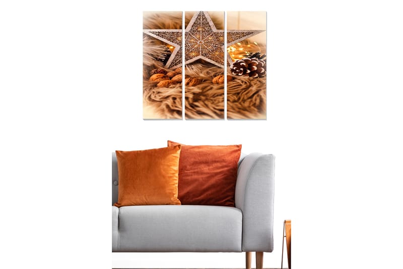 Canvastavla i trä 3-delar 50x70 cm - Dekorativ stjärna med julkänsla omgiven av nötter och granris - Beige / Brunt / Guld - Inredning - Tavlor & konst - Canvastavlor