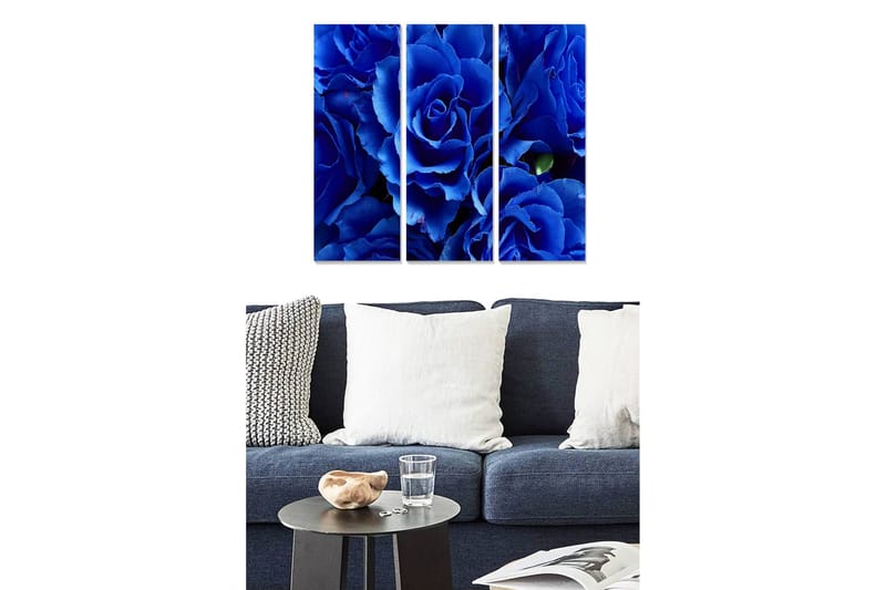 Canvastavla i trä 3-delar 50x70 cm - Djupblå rosor i en harmonisk komposition, Djupblå / Svart / Grön