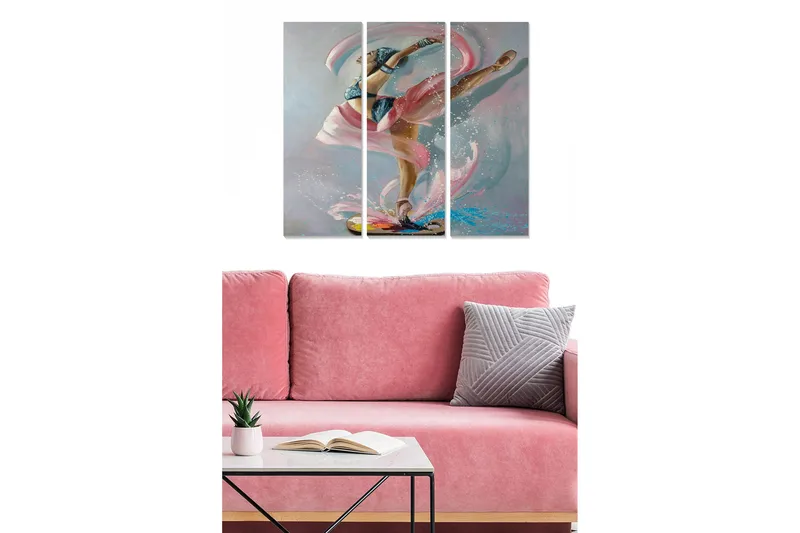 Canvastavla i trä 3-delar 50x70 cm - Dynamisk balettpose med färgglada tygstycken som svävar runt dansaren, Rosa / Blå / Beige