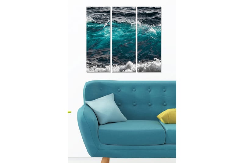 Canvastavla i trä 3-delar 50x70 cm - Dynamiska vågor i turkost och svart, Turkos / Svart