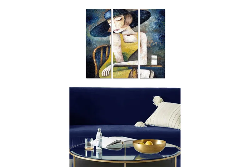 Canvastavla i trä 3-delar 50x70 cm - Eftertänksam kvinna med hatt i en gul klänning, Mörkblå / Gul / Vit