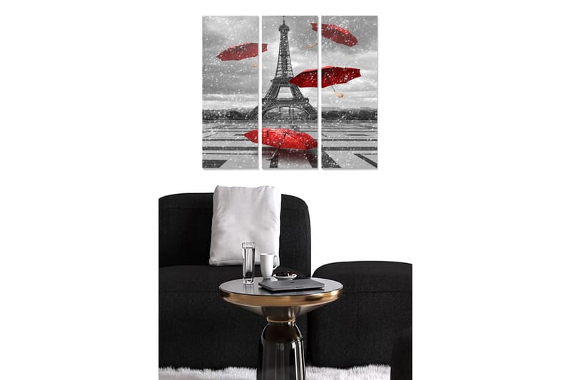 Canvastavla i trä 3-delar 50x70 cm - Eiffeltornet omgiven av röda paraplyer i en gråskala miljö, Röd / Grå