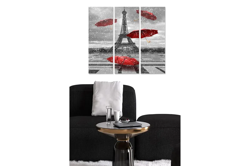 Canvastavla i trä 3-delar 50x70 cm - Eiffeltornet omgiven av röda paraplyer i en gråskala miljö, Röd / Grå