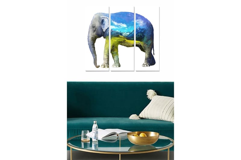 Canvastavla i trä 3-delar 50x70 cm - Elefant med landskapsmotiv i blått och grönt, Blå / Grön / Grå