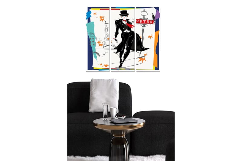 Canvastavla i trä 3-delar 50x70 cm - Elegant figur i svart kostym med hatt och röd scarf i en urban miljö - Svart / Röd / Orange - Inredning - Tavlor & konst - Canvastavlor