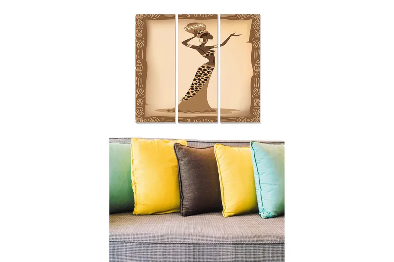 Canvastavla i trä 3-delar 50x70 cm - Elegant kvinna i traditionell klädsel med djurmönster, Brun / Beige / Svart