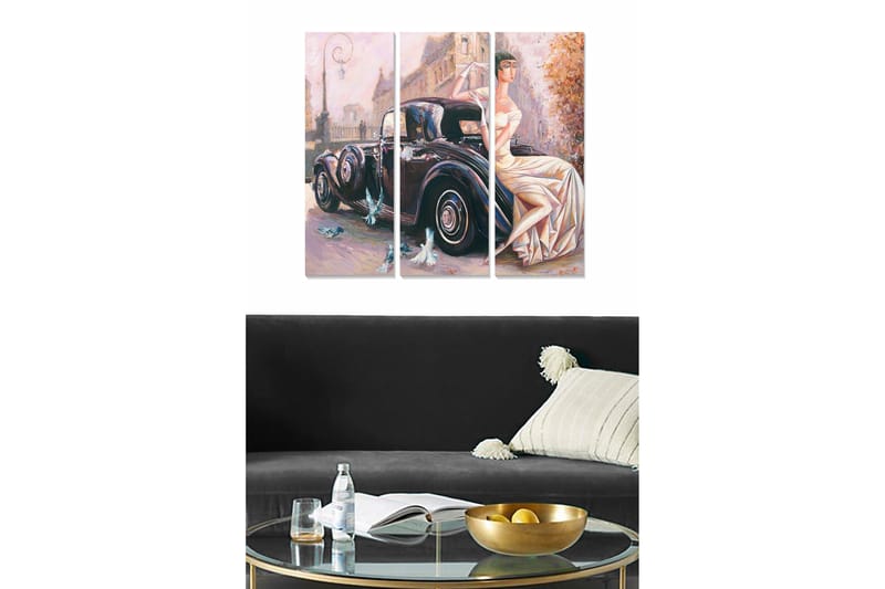 Canvastavla i trä 3-delar 50x70 cm - Elegant kvinna i vit klänning vid en klassisk bil - Svart / Vit / Beige - Inredning - Tavlor & konst - Canvastavlor