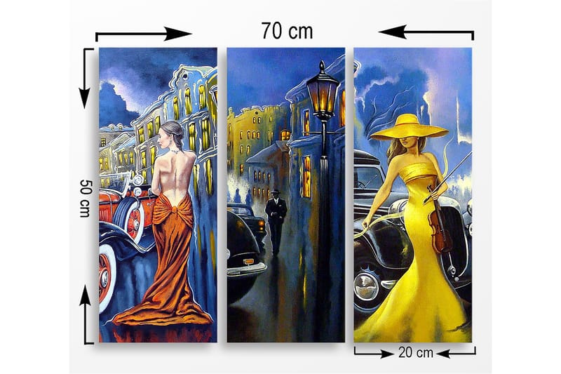 Canvastavla i trä 3-delar 50x70 cm - Eleganta kvinnor i färgglada klänningar framför klassiska bilar - Gult / Orange / Blått - Inredning - Tavlor & konst - Canvastavlor