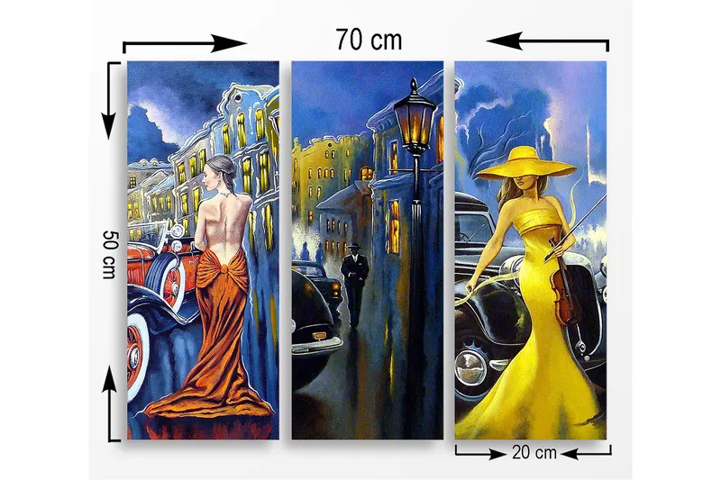 Canvastavla i trä 3-delar 50x70 cm - Eleganta kvinnor i färgglada klänningar framför klassiska bilar - Gult / Orange / Blått - Inredning - Tavlor & konst - Canvastavlor