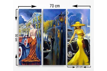 Canvastavla i trä 3-delar 50x70 cm - Eleganta kvinnor i färgglada klänningar framför klassiska bilar - Gult / Orange / Blått - Inredning - Tavlor & konst - Canvastavlor
