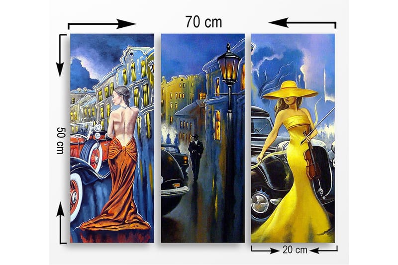 Canvastavla i trä 3-delar 50x70 cm - Eleganta kvinnor i färgglada klänningar framför klassiska bilar - Gult / Orange / Blått - Inredning - Tavlor & konst - Canvastavlor