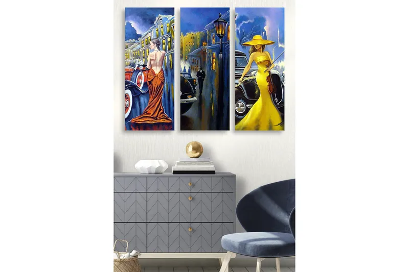 Canvastavla i trä 3-delar 50x70 cm - Eleganta kvinnor i färgglada klänningar framför klassiska bilar, Gult / Orange / Blått