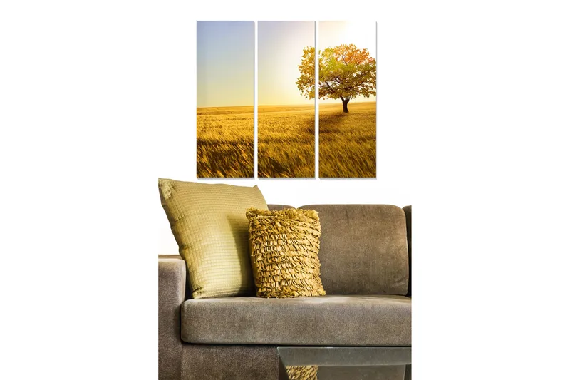 Canvastavla i trä 3-delar 50x70 cm - Ensam trä i gyllene fält under en klar himmel, Guld / Grön / Blå