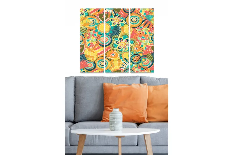 Canvastavla i trä 3-delar 50x70 cm - Färgglad abstrakt komposition med blommor och mönster, Gul / Röd / Grön