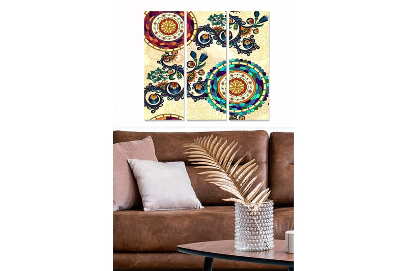 Canvastavla i trä 3-delar 50x70 cm - Färgglad abstrakt komposition med cirkulära mönster och detaljerade ornament, Mörkblå / Röd / Grön