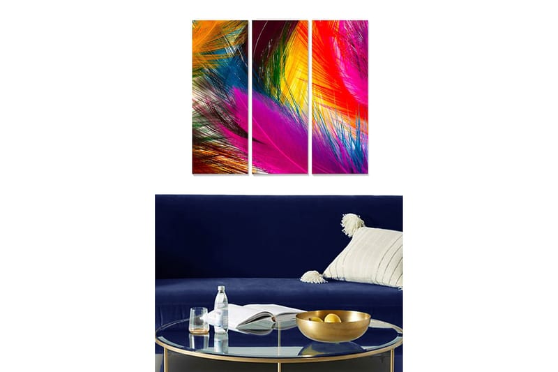 Canvastavla i trä 3-delar 50x70 cm - Färgglad abstrakt komposition med dynamiska linjer, Rosa / Orange / Blå