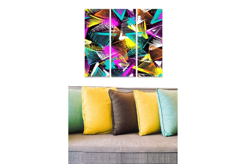 Canvastavla i trä 3-delar 50x70 cm - Färgglad abstrakt komposition med geometriska former, Lila / Turkos / Orange