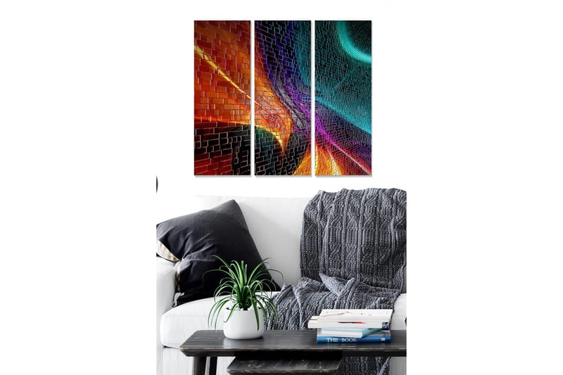 Canvastavla i trä 3-delar 50x70 cm - Färgglad abstrakt komposition med geometriska former och ljusstrålar, Röd / Blå / Orange