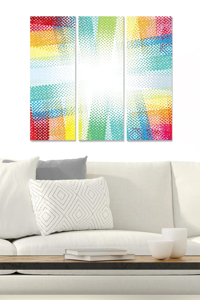 Canvastavla i trä 3-delar 50x70 cm - Färgglad abstrakt komposition med prickmönster, Röd / Grön / Gul