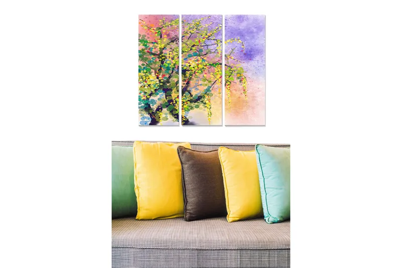 Canvastavla i trä 3-delar 50x70 cm - Färgglad abstrakt trädkonst med blommor och grönska - Grön / Lila / Gul - Inredning - Tavlor & konst - Canvastavlor