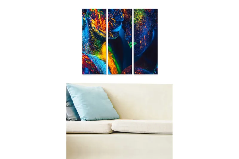 Canvastavla i trä 3-delar 50x70 cm - Färgglad abstraktion av ansikten med glittrande detaljer, Blå / Grön / Orange