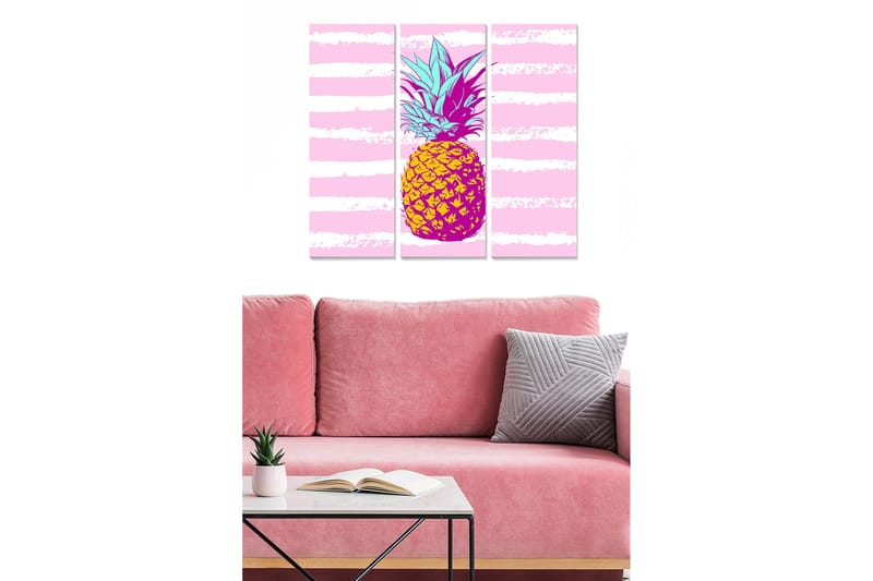 Canvastavla i trä 3-delar 50x70 cm - Färgglad ananas med grafiska linjer i bakgrunden, Rosa / Gul / Lila