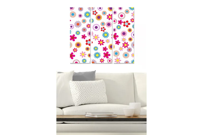 Canvastavla i trä 3-delar 50x70 cm - Färgglad blomsterdesign med varierande blommor, Rosa / Blå / Orange