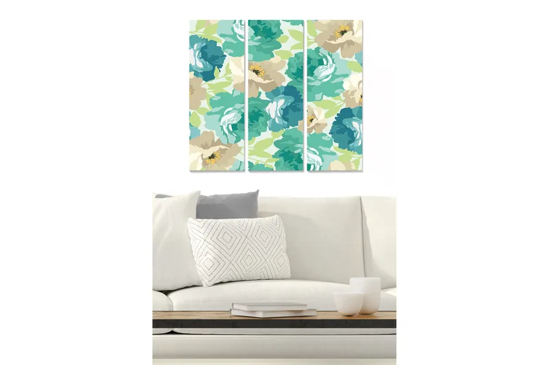 Canvastavla i trä 3-delar 50x70 cm - Färgglad blomsterkomposition med stora blommor - Turkos / Beige / Ljusgrön - Inredning - Tavlor & konst - Canvastavlor