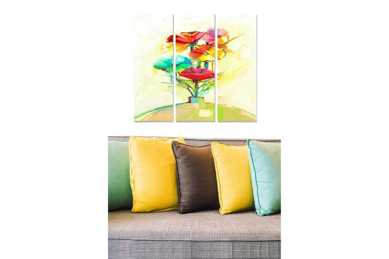 Canvastavla i trä 3-delar 50x70 cm - Färgglad blomsterträd med stora blommor i rött och grönt - Röd / Grön / Gul - Inredning - Tavlor & konst - Canvastavlor