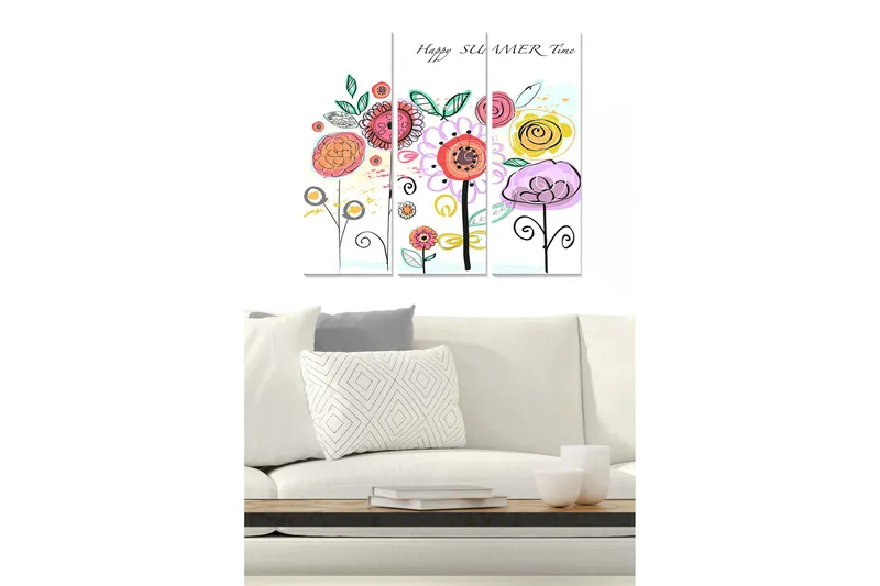 Canvastavla i trä 3-delar 50x70 cm - Färgglad bukett av blommor med lekfulla detaljer, Rosa / Gul / Grön