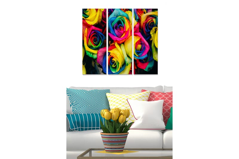 Canvastavla i trä 3-delar 50x70 cm - Färgglad bukett av rosor - Gul / Rosa / Blå - Inredning - Tavlor & konst - Canvastavlor