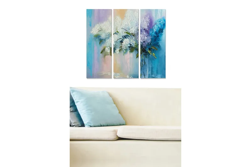 Canvastavla i trä 3-delar 50x70 cm - Färgglad bukett av syrener, Vit / Lila / Blå
