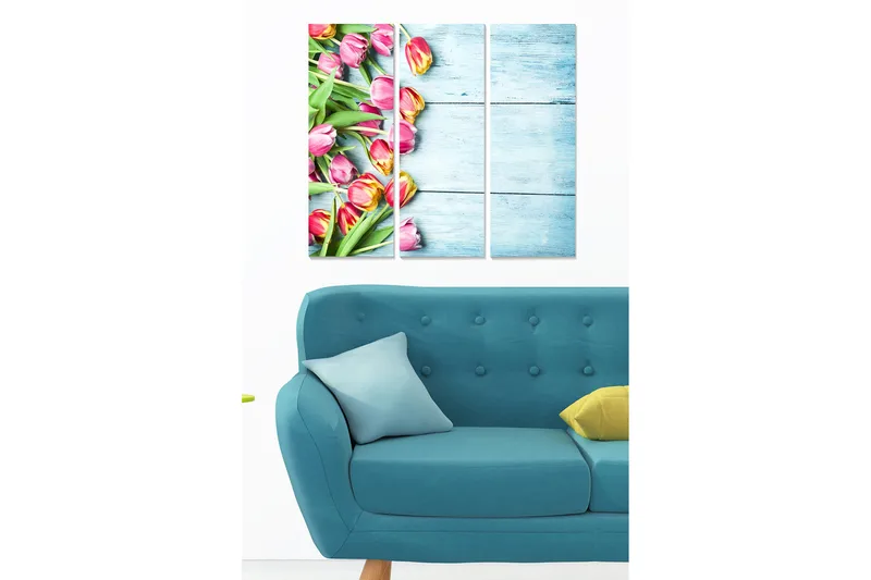 Canvastavla i trä 3-delar 50x70 cm - Färgglad bukett av tulpaner, Rosa / Grön / Gul