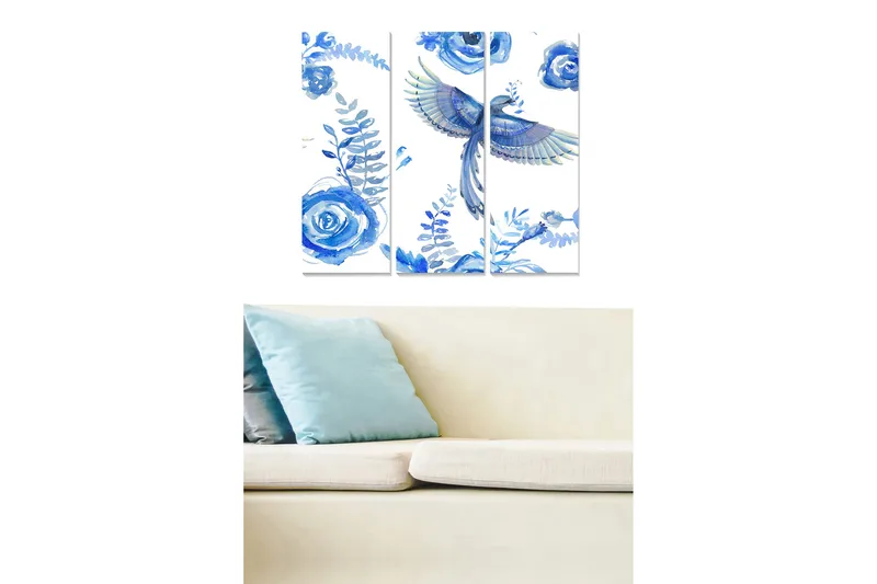 Canvastavla i trä 3-delar 50x70 cm - Färgglad fågel omgiven av blå rosor och växtdetaljer, Blå / Ljusblå