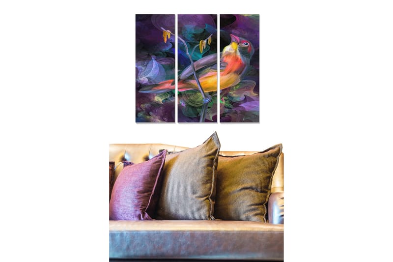 Canvastavla i trä 3-delar 50x70 cm - Färgglad fågel på en gren med abstrakt bakgrund, Lila / Orange / Grön