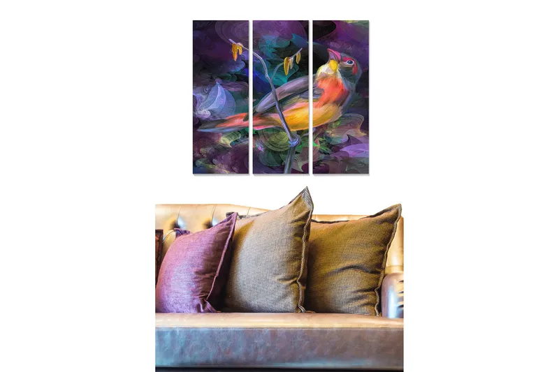 Canvastavla i trä 3-delar 50x70 cm - Färgglad fågel på en gren med abstrakt bakgrund, Lila / Orange / Grön