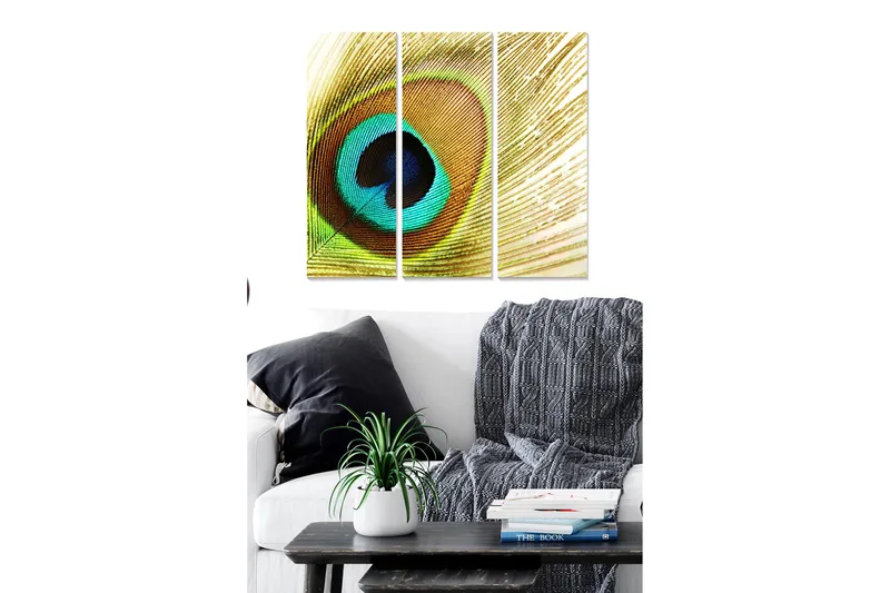 Canvastavla i trä 3-delar 50x70 cm - Färgglad fjäder med öga-liknande mönster - Turkos / Guld / Svart - Inredning - Tavlor & konst - Canvastavlor