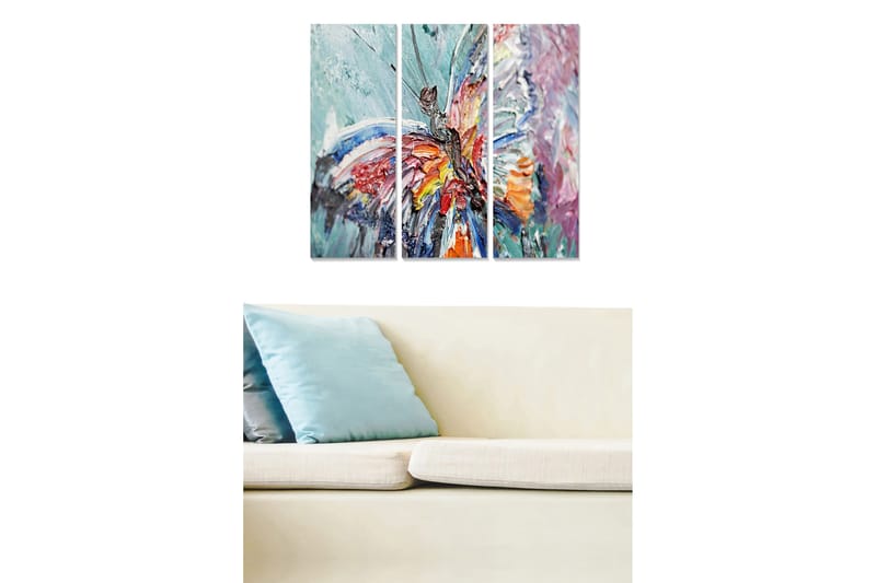 Canvastavla i trä 3-delar 50x70 cm - Färgglad fjäril i abstrakt stil, Turkos / Orange / Lila