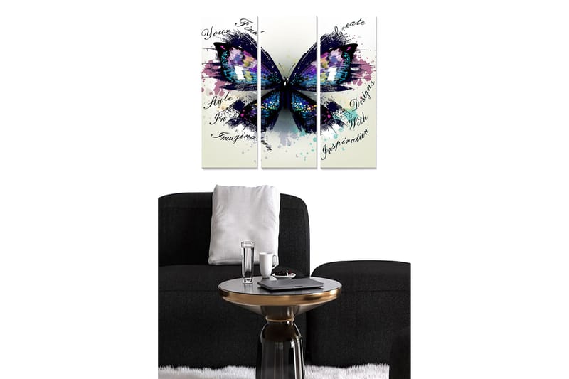 Canvastavla i trä 3-delar 50x70 cm - Färgglad fjäril med abstrakta inslag - Lila / Blå / Svart - Inredning - Tavlor & konst - Canvastavlor